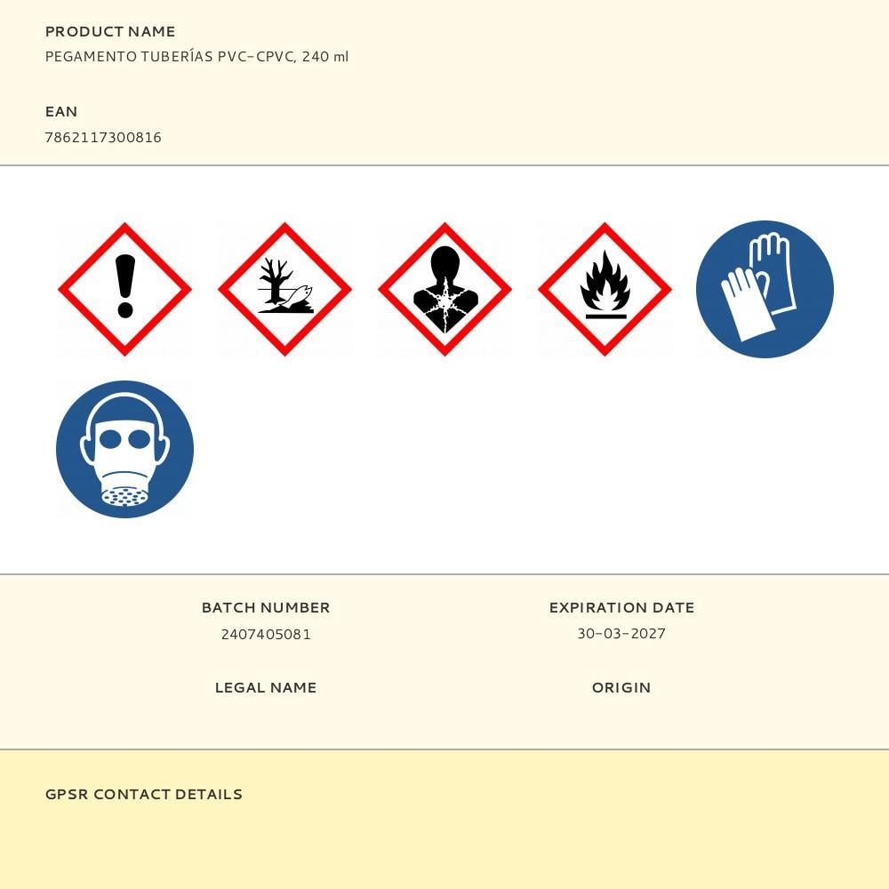 Pegamento tuberías pvc - cpvc, 240 ml