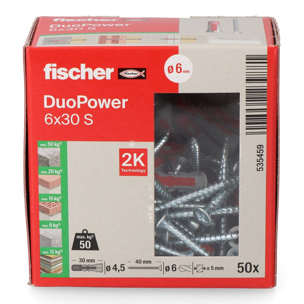 Tacos duopower ø6 x 30 mm + tornillos ø4,5 x 40 mm, caja 50 uds