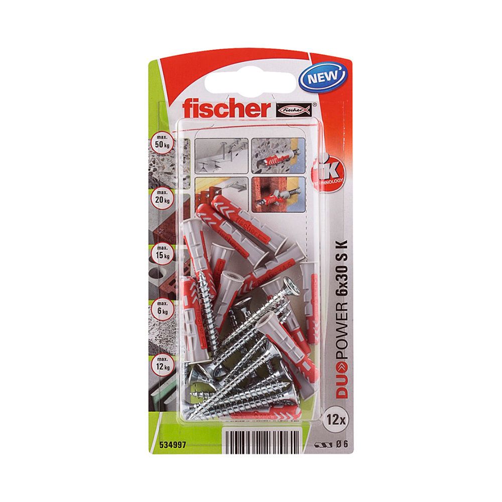 Tacos duopower ø6 x 30 mm + tornillos ø4,5 x 40 mm, blister 12 uds