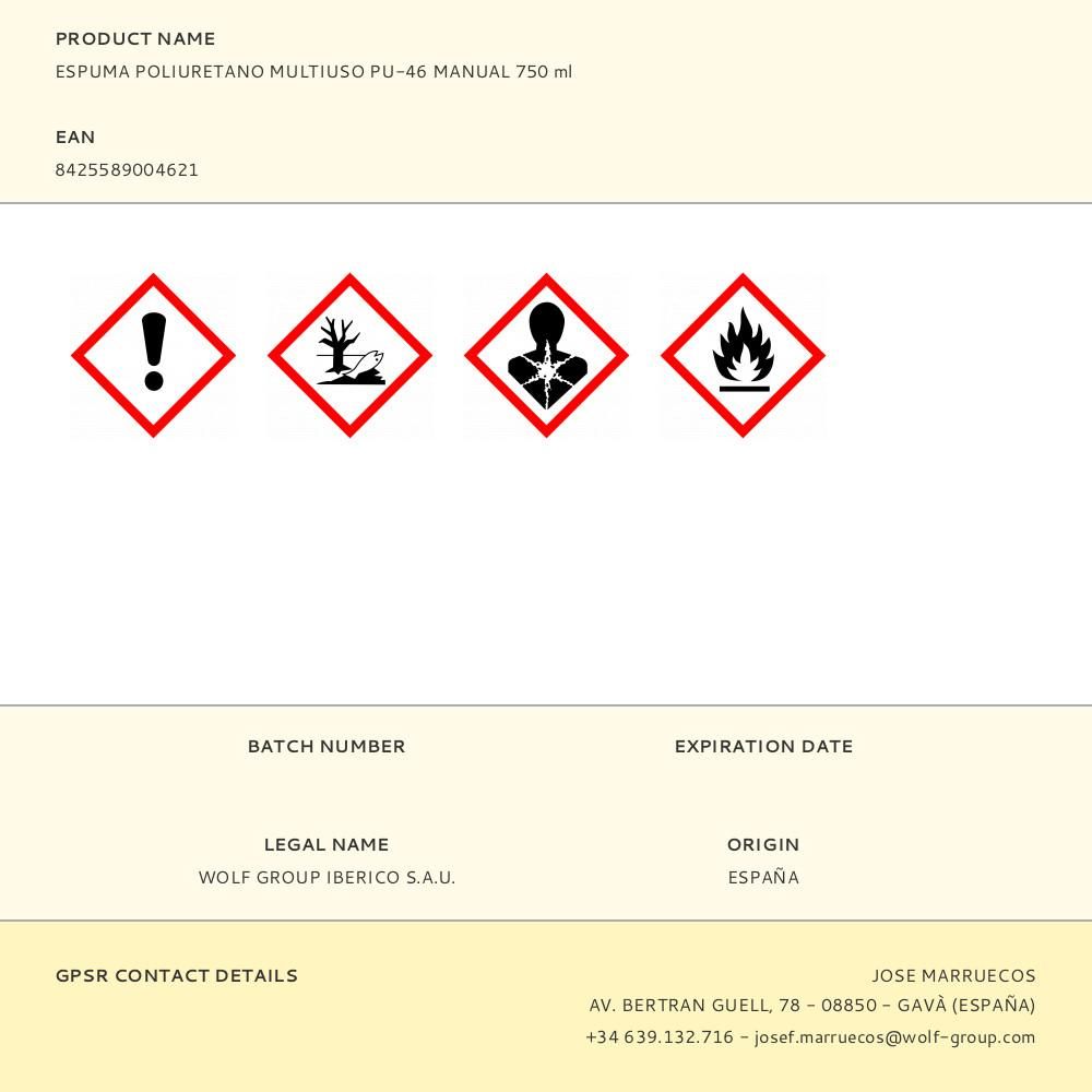 Espuma poliuretano multiuso pu-46 manual 750 ml