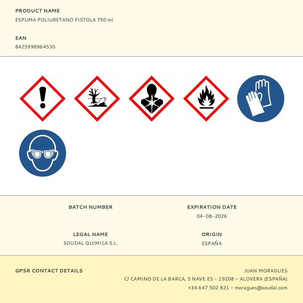 Espuma poliuretano pistola 750 ml