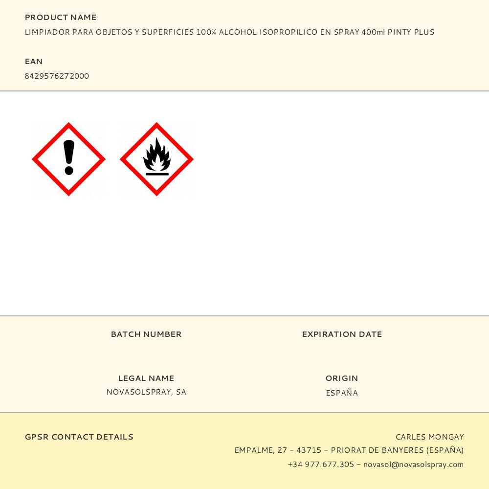 Limpiador para objetos y superficies 100% alcohol isopropilico en spray 400ml pinty plus