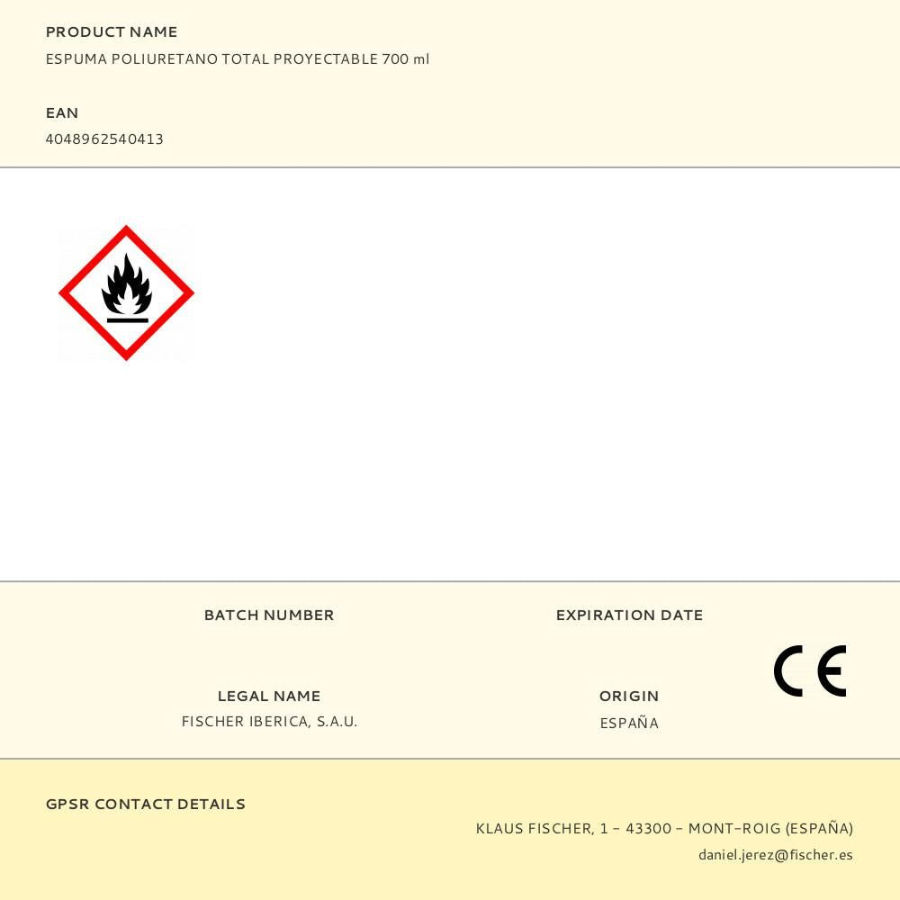 Espuma poliuretano total proyectable 700 ml