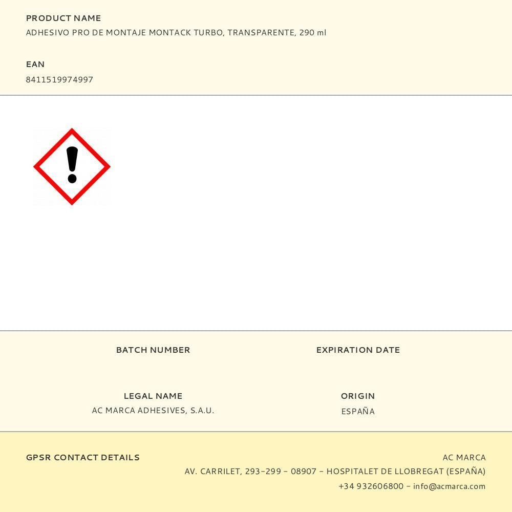 Adhesivo pro de montaje montack turbo transparente 290 ml