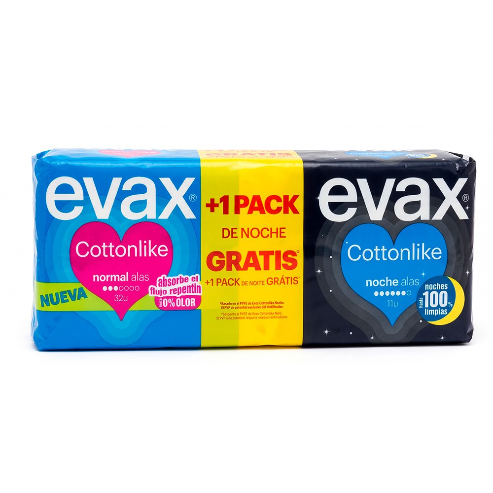 Compresas pack cottonlike normal alas 32 uds + noche alas 11 uds