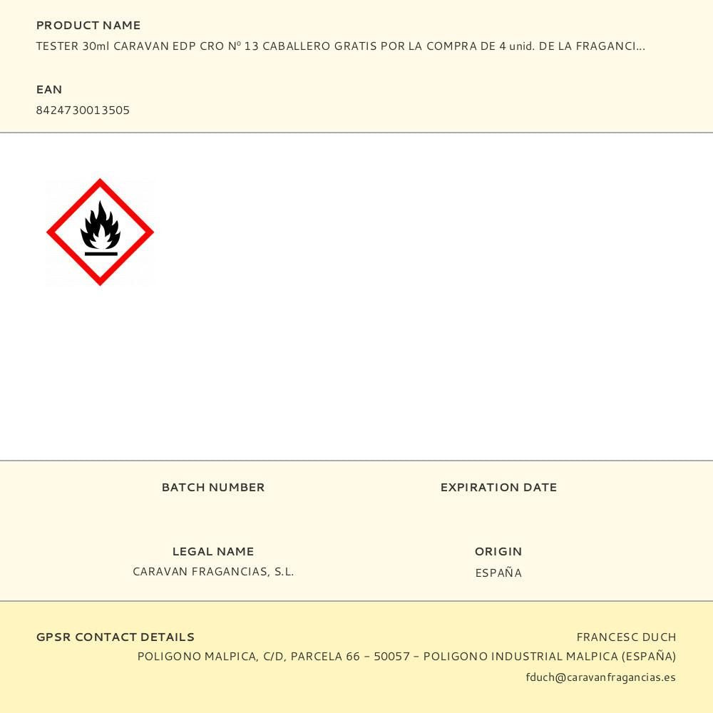 Tester 30ml caravan edp cro nº 13 caballero gratis por la compra de 4 unid. de la fragancia correspondiente al tester