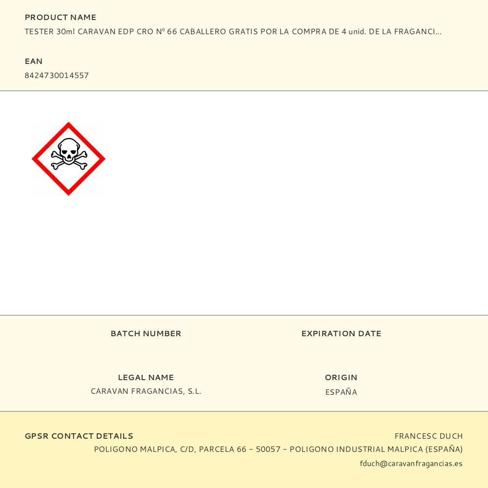 Tester 30ml caravan edp cro nº 66 caballero gratis por la compra de 4 unid. de la fragancia correspondiente al tester
