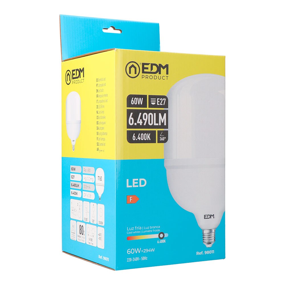 Bombilla industrial led, t160, e27, 60 w 6490 lm, 6400 k, luz fría, 220-240 v~ ø160 x 264 mm