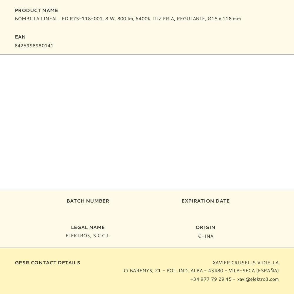 Bombilla lineal led 118 mm r7s, 8 w, 900 lm, 6400 k, luz fría, regulable, ø15 x 118 mm