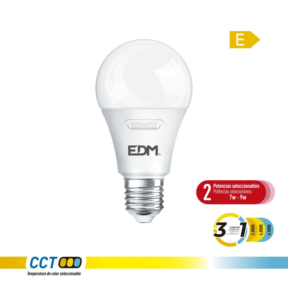 Bombilla led a60 e27, potencia regulable 7/9 w, 1000 lm, 3cct, ø60 x 114 mm