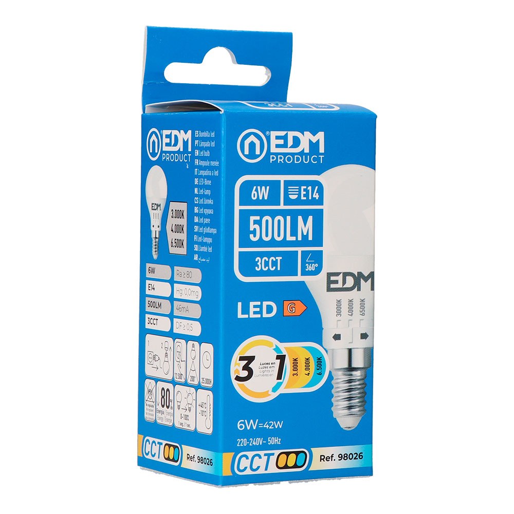 Bombilla esférica led p45 e14, 6 w, 500 lm, 3cct, ø45 x 87 mm