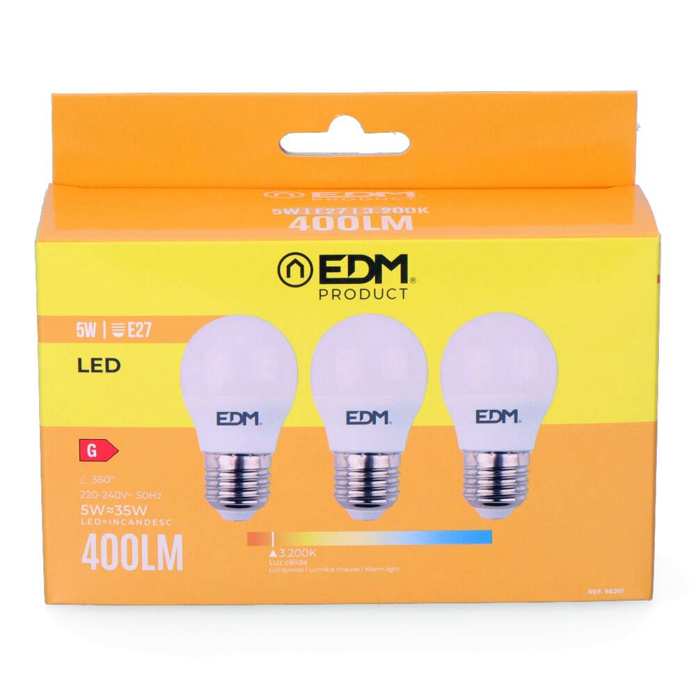 Kit 3 bombillas esfericas led e27 5 w 400 lm 3200 k luz calida ø4,5 x 8 cm