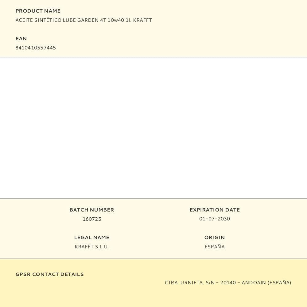 Aceite sintético lube garden 4t 10w40 1l. krafft