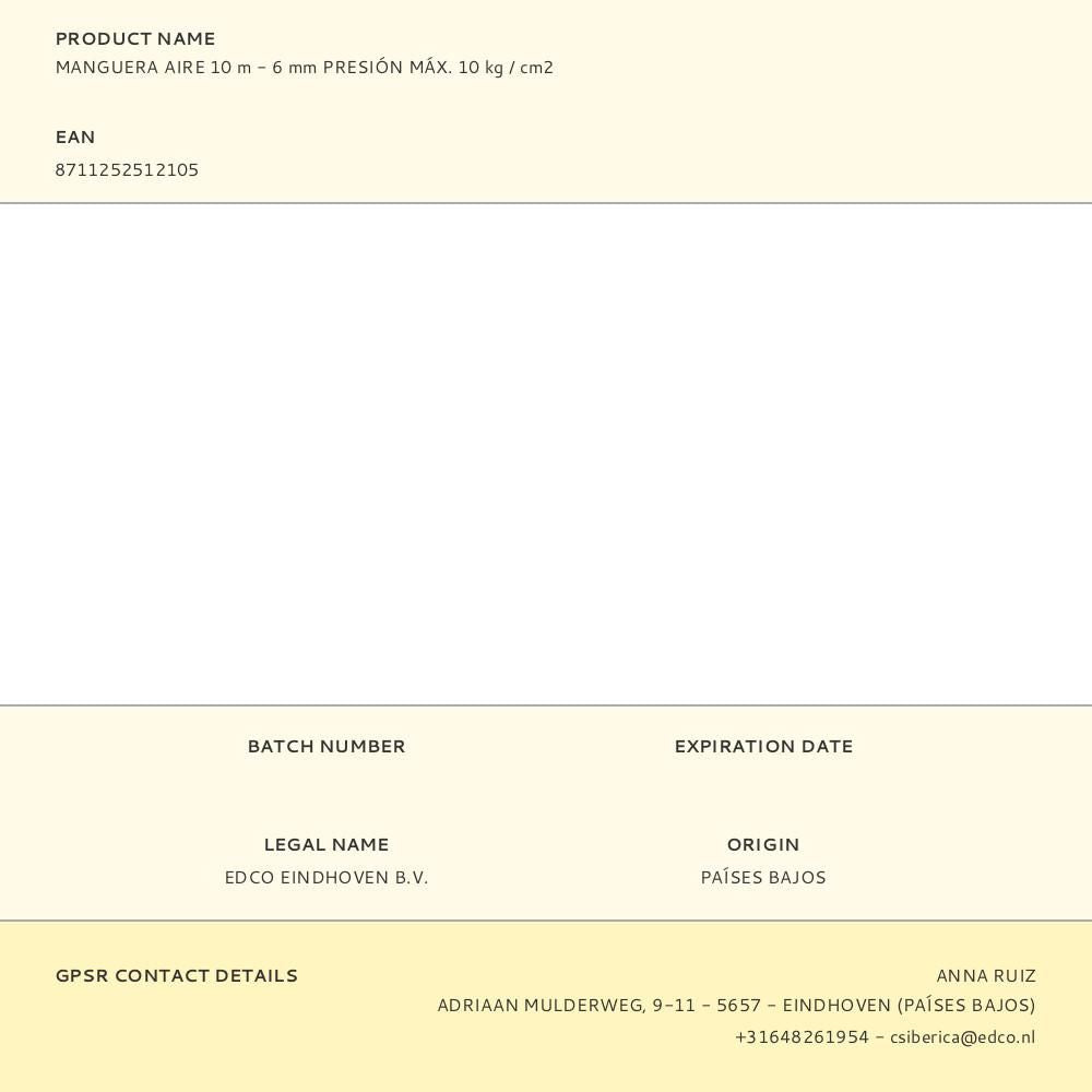 Manguera aire 10 m - 6 mm presión máx. 10 kg / cm2