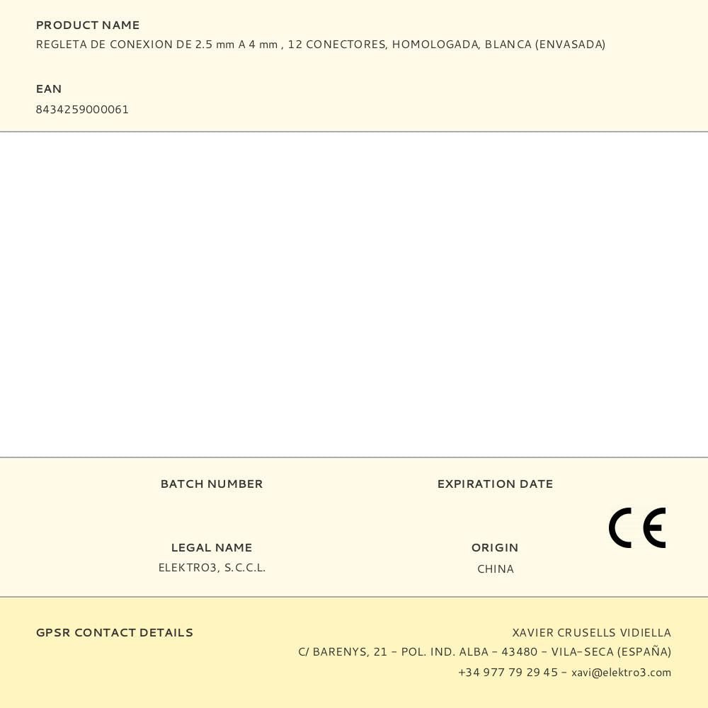Regleta de conexion de 2.5 mm a 4 mm , 12 conectores, homologada, blanca (envasada)