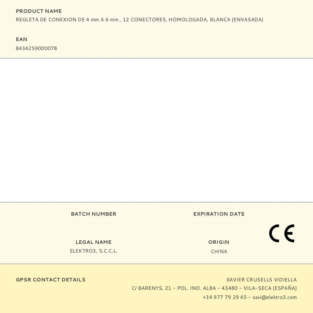 Regleta de conexion de 4 mm a 6 mm , 12 conectores, homologada, blanca (envasada)