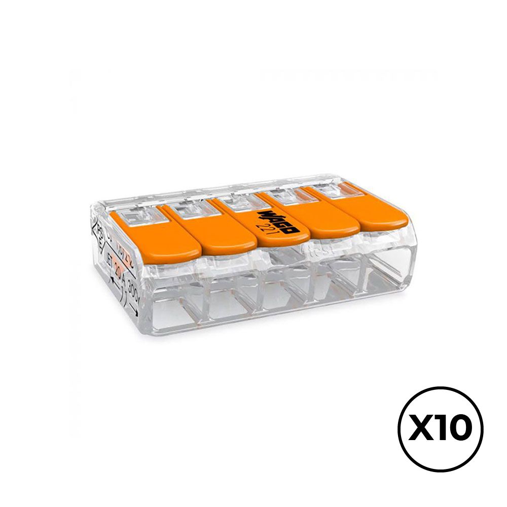 Conector rápido con palanca 5 vias, ø maximo 4 mm², 450 v , 32 a - transparente - 30 x 18,6 x 8,4 mm, 10 uds