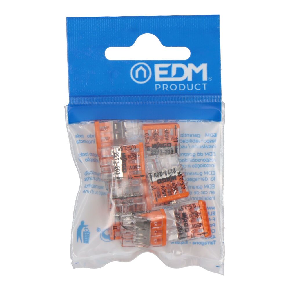 Conector rápido 3 vias, ø máximo 2,5 mm², transparente / naranja, 10 uds