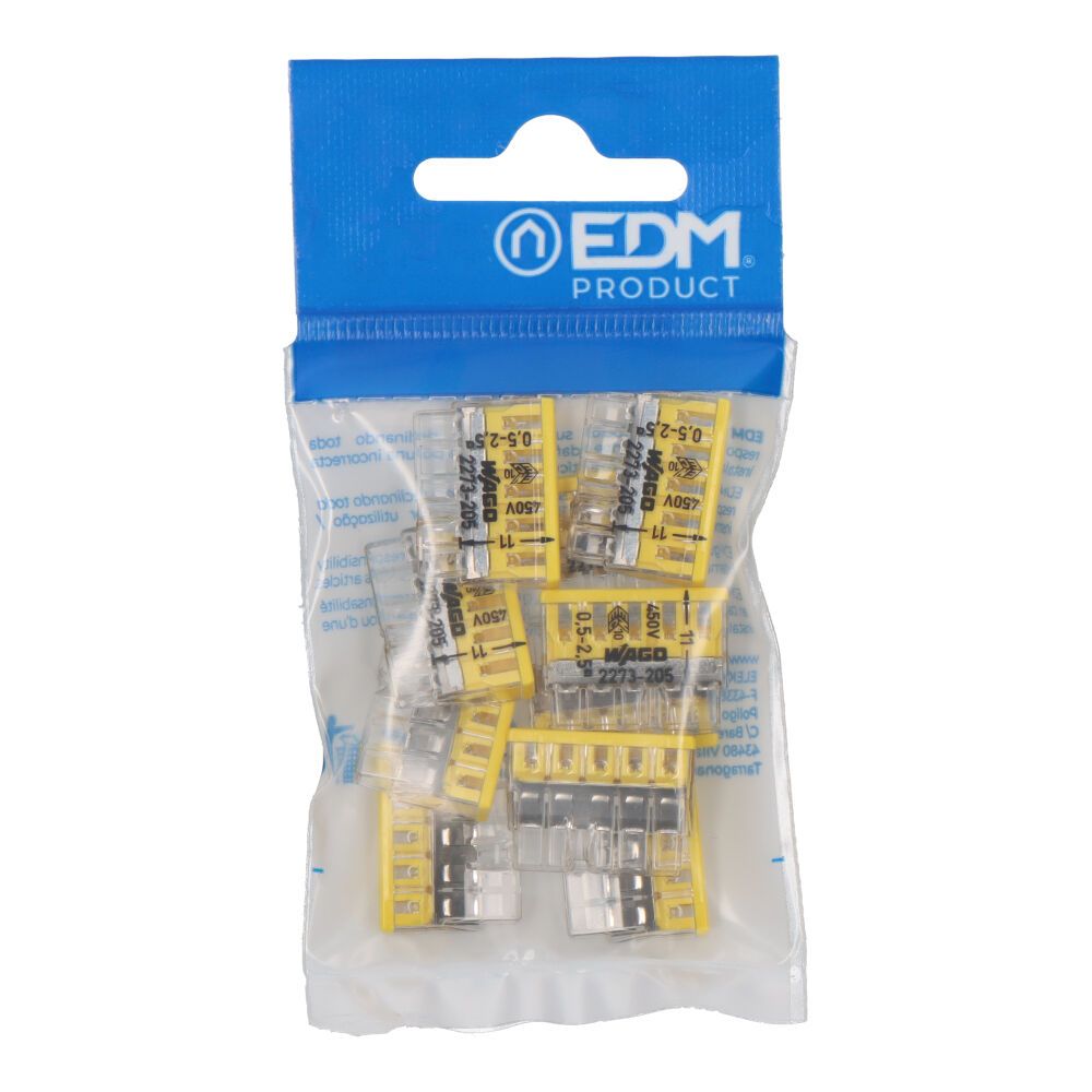 Conector rápido 5 vias, ø máximo 2,5 mm², transparente / amarilla, 10 uds