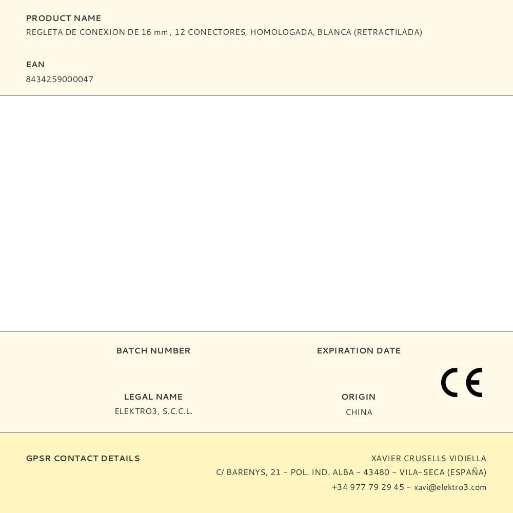 Regleta de conexion de 16 mm , 12 conectores, homologada, blanca (retractilada)